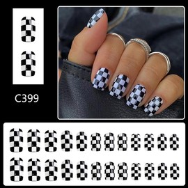 Short Press on Nails Square Fake Nails Black and White Checkerboard False Nails with Designs Glossy Full Cover Acrylic Glue on Nails Reusable Artificial Nails Holiday Party for Women 24PCS