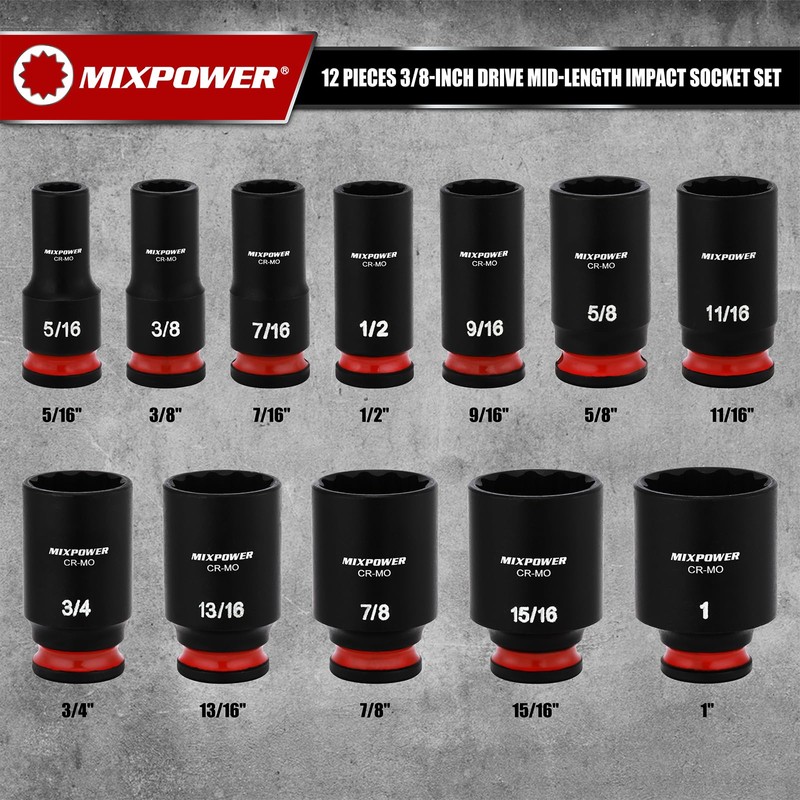 MIXPOWER 12 Pieces 3/8'' Drive Semi-Deep Impact Socket Set,12 Point,SAE,5/16"-1",CR-MO,Axle