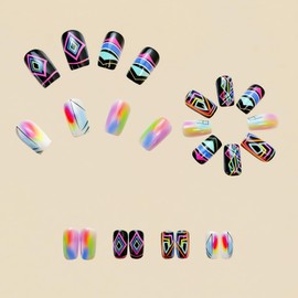 Spring Summer Press on Nails Medium Coffin Fake Nails with Laser Stripe Design Glossy Full Cover Acrylic False Nails Cute Stick on Nails Reusable Artificial Glue on Nails Kit for Women Girls 24Pcs