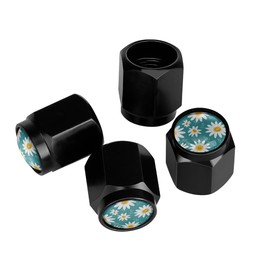 Buyidec Daisy Flowers Tire Valve Stem Caps Aluminum Black Stem Tire Valve Caps Universal Stem Covers for Cars SUVs Trucks Bikes Motorcycles Bicycles (4 Pack)