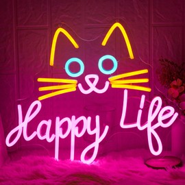 LMSIGNLY Happy Life Cat Neon Sign Cute Cat Neon Lights for Wall Decor Dimmable Letter Neon Light Sign for Bedroom Living RoomChildren Kids Girls Bar Home Birthday Gift USB Power