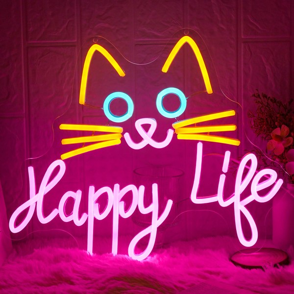 LMSIGNLY Happy Life Cat Neon Sign Cute Cat Neon Lights