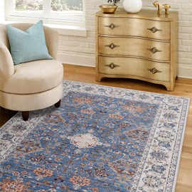 UMBFUN 3x5 Area Rug, Washable Rugs for Living Room Bedroom Entryway Indoor Door mat, Vintage Boho Rugs Thin Low-Pile Floor Carpet (Beige/Blue)