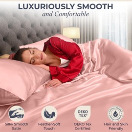 DECOLURE Satin Sheets Full Size Bed Set 4 Pcs - Silky & Luxuriously Soft Satin Bedding w/ 15 inch Deep Pocket - Hypoallergenic, Double Stitching, Wrinkle Free - Elegant Satin Bed Sheets (Blush Pink)