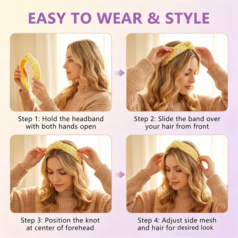 Yellow Glitter Knotted Headband,Women Fashion Sequin Wide Hair Band