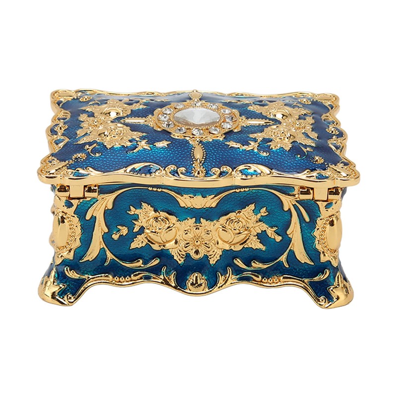 Royalblue Rhinestone Jewelry Box Ring Retro Flower Engraved Earrings Necklace