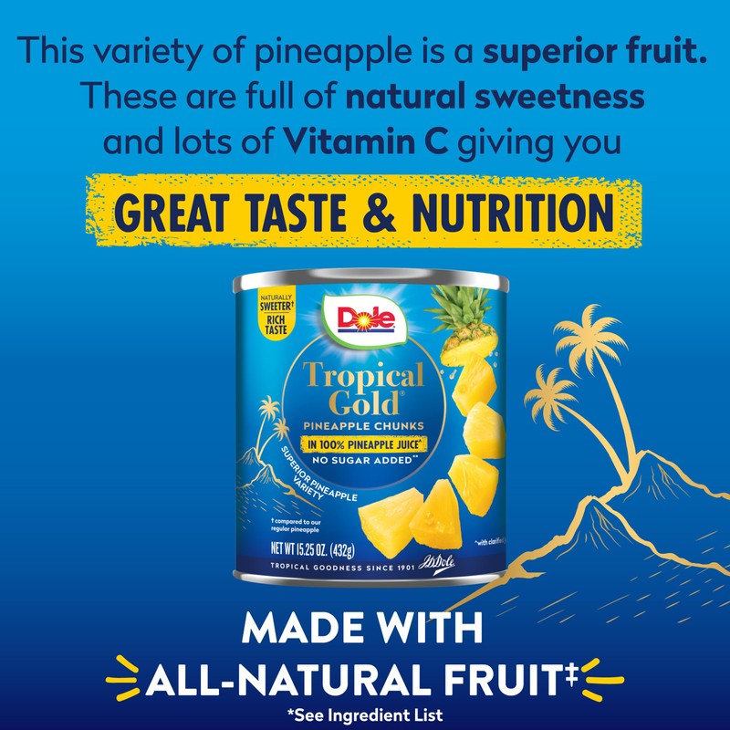 Dole Canned Fruit, Tropical Gold Pineapple Chunks in 100% Pineapple