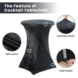 Htper 4 Pack Velvet Cocktail Table Cover 32"x43" Black Stretchy Spandex Cocktail Tablecloth Fitted High Top Round Table for Bar Wedding Birthday Party Banquet