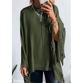 PRETTYGARDEN Women's 2025 Fall Winter Poncho Sweaters Trendy Chunky Knit Fringe Shawls Wraps Pullover Tops Holiday Outfits (Army Green,X-Large)
