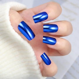 Blue Press on Nails Medium Square Fake Nail With Chrome Designs Blue Mirror Metal False Nails Acrylic Glue on Nail Glossy Full Cover Artificial Stick on Nail for Women 24 Pcs