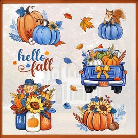 Mfault Hello Fall Blue Pumpkin Window Clings 4 Sheets, Autumn Truck Mason Jar Sunflower Stickers Decals Decorations, Maple Leaves Squirrel Scarecrow Seasonal Home Kitchen Decor