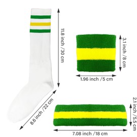 BHUCUTU 10 Pieces Striped Sweatbands and Socks Set Red White and Blue for Men, Women, Sports and 80s/90s Fitness (Green, White, Yellow)
