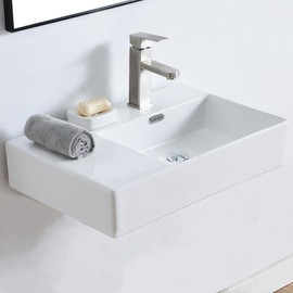 IKEBANA Wall Mounted Sink 24"x17" inch, Rectangle Wall Mount Bathroom Sink, 24"X17" Modern Floating or Countertop Ceramic Bathroom Lavatory Vessel Sink, Right Side Wall Mount Sink