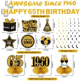 Kuxriox 11Pcs 65th Birthday Decorations Kit for Men Women, Black Gold Happy 65th Birthday Banner, Awesome Since 1960 Centerpieces Swirls Party Supplies, 65 Bday Banner Ceiling Table Topper Sign
