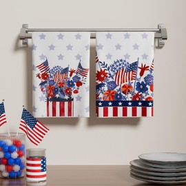 XCHI Red Blue Flowers Vase Patriotic America 4th of July Memorial Day Independence Day Kitchen Towels Dish Towels 18x26 Inch Home Decorations Hand Towels Set of 2 Drying Dishcloth