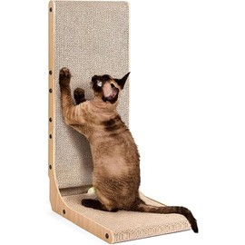EHEYCIGA Cardboard Cat Scratcher for Indoor Cats, 26.8 Inch L Shaped Vertical Cat Scratching Board with Ball Cat Toy, Large Cat Scratcher Pad, Brown