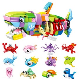 Easter Basket Stuffers Marine Animal Building Blocks Set, 12 in 1 Ocean Creatures Shark Fidget Toys, Party Favors for Kids, Classroom Birthday Gifts for Boys & Girls Easter Egg Fillers(12 Pack)
