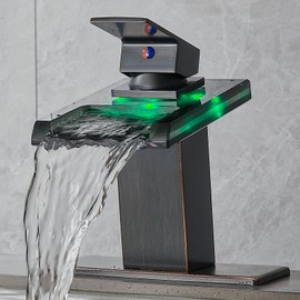 AVSIILE LED Bathroom Sink Faucet, Oil Rubbed Bronze Waterfall Single Hole Handle Vanity Faucets for Sinks 1 Hole with Metal Pop Up Drain and 2 Water Supply Lines, Open Glass Spout