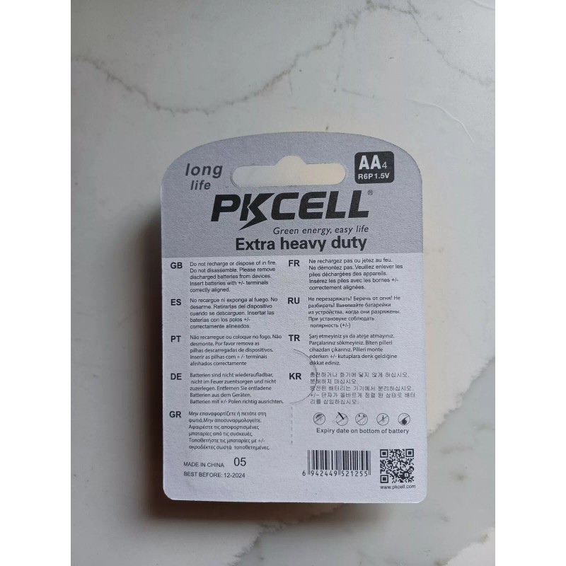 Pkcell AA Batteries 1.5V 2A R6P MX1500 UM3 Zinc-Carbon for
