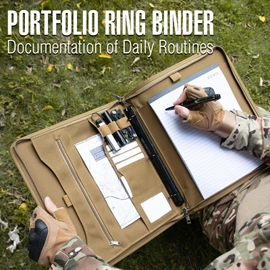 Kosibate Tactical Padfolio Portfolio Binder with Zipper and 25 Sheets of Letter Size Paper,Notebook Cover,Tactical Notebook with Zippered for Folders,Detachable 3-Ring Binder(A4,Khaki,13.5X 11.5Inch)