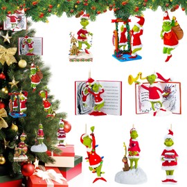 8Pcs Green Christmas Ornaments Set - Christmas Tree Decorations 2D Acrylic Hanging Ornaments, Funny Christmas Ornaments, Ideal Gifts for Family and Friends - Indoor & Outdoor Xmas Party Home Decor