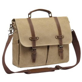 Kasqo Messenger Bag for Men, 15.6 Inch Satchel Bag Waterproof Vintage Canvas Briefcase Work Bag Padded Shockpoof Computer Laptop Bag for School Business Daily Travel, Khaki
