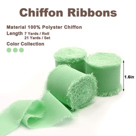 Sage Green Chiffon Ribbon, 3 Rolls 1.5" x 7Yd Handmade Fringe Silk-Like Colorful Rustic Ribbon for Bouquets Wrapping Decor Wedding Invitation Accessories