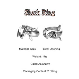 Ticome Shark Ring,Retro and Minimalist Great White Shark Bibun Shark Open Alloy Set, Adjustable Open Ring, Men's and Women's Jewelry Decoration, Jewelry Gifts (Set of 2)