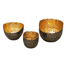 Set of 3 Tea Light Holders in Modern Shape Black/Gold Metal H 8 + 10 + 12 cm D 9.5 + 13 + 16 cm