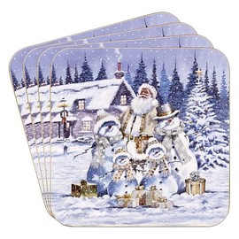 Lesser & Pavey Macneil Traditional White Christmas Set of 4 Coasters - 11cm x 11cm - Gift Idea for Christmas Themed Coaster Santa Snowman UK Design Hot Drinks Tea Coffee - Christmas Coaster