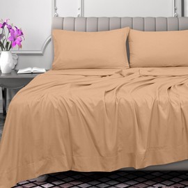 Royale Linens 300 Thread Count 100% Long Staple Combed Cotton Flat Sheet - Super Soft - Top Sheets - King Flat Sheet Sold Separately - Breathable, Cool & Crisp Percale Sheets Only (King, Sand)