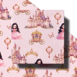 RUSPEPA Princess Wrapping Paper Roll for Girls, Mini Roll, Pink Gift Wrap with Castle, Crown, Carriage and Princess Design, Perfect for Birthday, Baby Shower, Pink Party, 17 Inches x 16.4 Feet