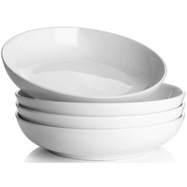 Y YHY Pasta Bowls 32oz, Ceramic Large Salad Serving Bowls, White Pasta Bowls Set, Shallow Soup Bowl Set of 4, Microwave & Dishwasher Safe