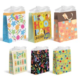 Designer Greetings Birthday Gift Bags (12-Pack, 6 Assorted Designs, 2 Sizes, with Hang Tag on Each Bag) – Ideal for Birthdays, Parties, and Celebrations for All Ages