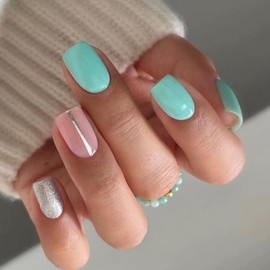 24Pcs Square Press on Nails Short Fake Nails Glossy Glue on Nails with Silver Glitter Design Full Cover Acrylic False Nails Blue Pink Cute Stick on Nails Artificial Nails for Women Manicure Decoration