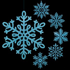 Large Snowflakes Ornaments 12" Glitter Plastic Snowflake Decorations Giant Winter Christmas Hanging Decor Oversized Snow Flakes Ornaments for Indoor Outdoor Decor (Blue,36 Pack)