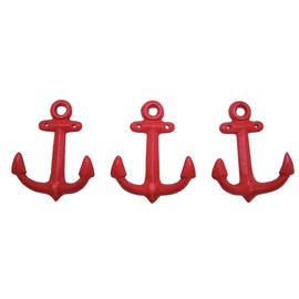 Wowser Nautical Cast Iron Ship Anchor Wall Hooks, 6 Inches, Set of 3 (Red)