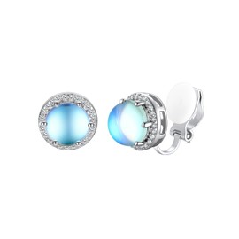 Silvora S925 Silver Moonstone Clip-on Earrings with Circle of Small White Zircon,Non-Pierced Earrings