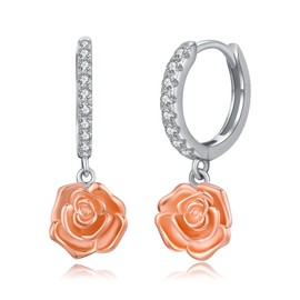 Rose Earrings for Women 925 Sterling Silver Rose Flower Hoop Dangle Drop Earrings Rose Jewelry Rose Gifts for Girls Mom