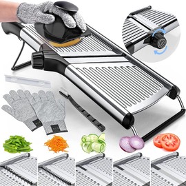 Cortador de mandolina ajustable para cocina, cortador de alimentos de acero inoxidable, para papa/tomate/zanahoria/verduras/frutas/cebolla, con pelador de verduras, pelador de maíz, guantes