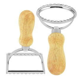 Ravioli Stamp Maker Cutter with Roller Wheel Set,Mold with Strong Beechwood Handle and Sturdy Aluminum Frame Fluted Edge,Pasta Press Kitchen Attachment for perogis and Ravioli(1 Round & 1 Square)