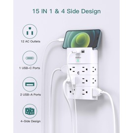 Multi Plug Outlet - Addtam Surge Protector Wall Mount with 12 Outlet Extender- 3 Sides and 3 USB Ports (1 USB-C), Outlet Splitter Power Strip for Home, Office, Hotel, White
