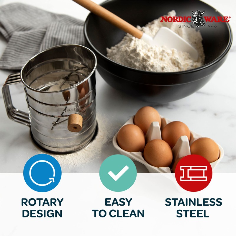 Nordic Ware Flour Sifter, 3-Cup Stainless Steel Flour Sifter, Rotary