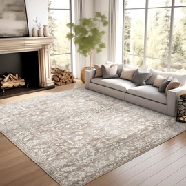 Soalmost 6x9 Area Rugs for Living Room, Stain Resistant Washable Rugs for Dining Room, Kitchen, Floral Vintage Non-Slip Thin Area Rug(Light Brown, 6'x9')