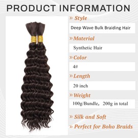 Dorsanee Deep Wave Bulk Hair for Braiding 20 Inch 2 Bundles 200g Chocolate Brown Curly Braiding Hair for Boho Braids No Weft Wet and Wavy Braiding Hair Extensions (#4,100g/bundle)