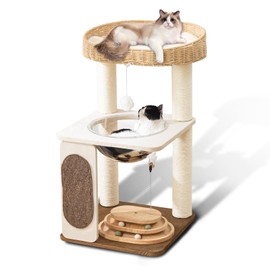 Modern Cat Tree for Indoor Cats with Sisal Rope Scratching Posts, Hand-Woven Cat Condo & Top Perch, Space Capsule Cats Nest, Cute Cat Tree with Interactive Cat Toy