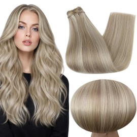 Full Shine Hair Extensions Real Human Hair Weft Color #18P613 Ash Blonde Highlight Bleach Blonde Sew In Weft Hair Extensions Human Hair 22 Inch for Women 105 Grams