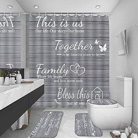 4Pcs Family Shower Curtain Sets with Non-Slip Rugs, Toilet Lid Cover and Bath Mat, Black Home Bathroom Decor Set Accessories Waterproof Shower Curtains with 12 Hooks, 72 x 72 Inch - Color: Grey