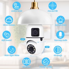 Xuzimaoyi Light Bulb Security Camera, Ring Camera 2.4G Hz WiFi Camera for Home Security with Spot Light, 355 Degree Panoramic, Motion Detection and Alarm, 24/7 Recording (1) (E27 Dual Lens)