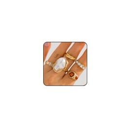 ONBRIG Chunky Gold Rings for Women Non Tarnish Statement Flower Ring Baroque Pearl Stackable Rings Set 6Pcs Chunky Jewelry (Gold 2)